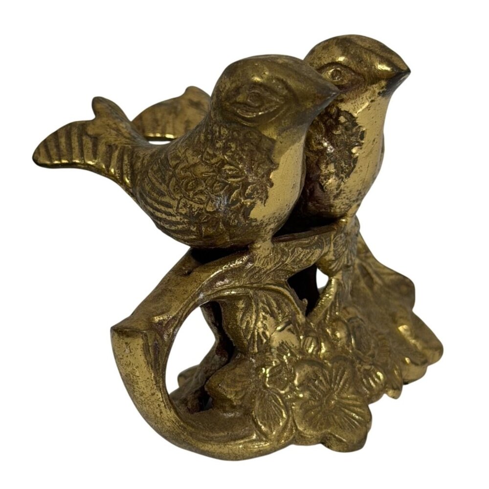 Vintage Hampton Brass Love Birds on Branch w/ Flowers Figurine 3" INDIA
